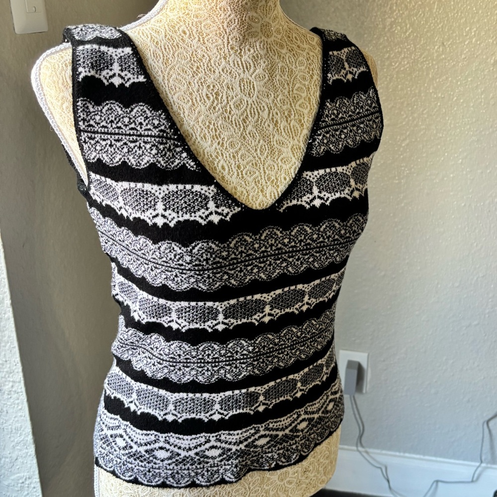 Bettie Page Black & White Lace-Stripe V-Neck Tank